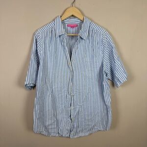 Woman Within Shirt 1X 18/20 L Blue Strip Button Down Short Sleeve Casual Cotton